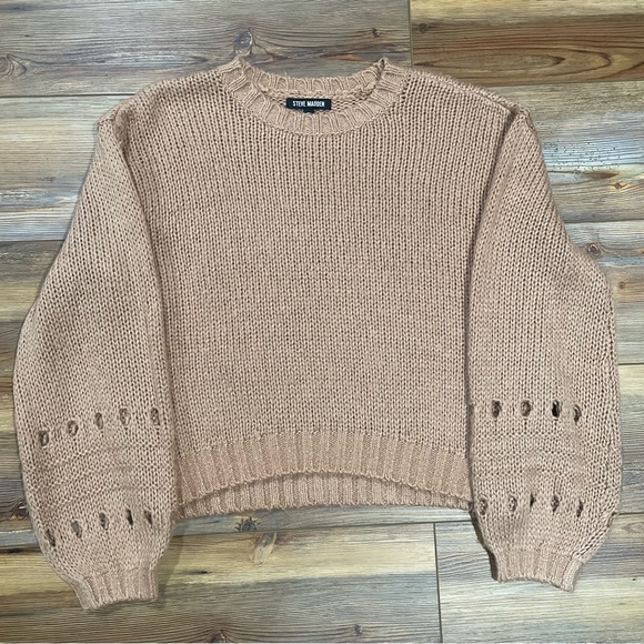 Steve Madden Lucie Sweater Hazelnut Cropped Bubble Sleeve Size Small Slinky Knit - Picture 4 of 9